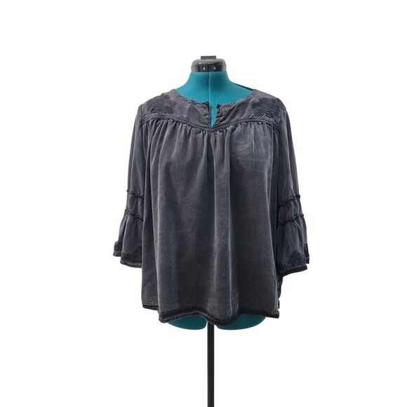 Ariat Western Floral Embroidered Top Dark Gray Denim Bell Sleeves Womens Size XL - Picture 1 of 9